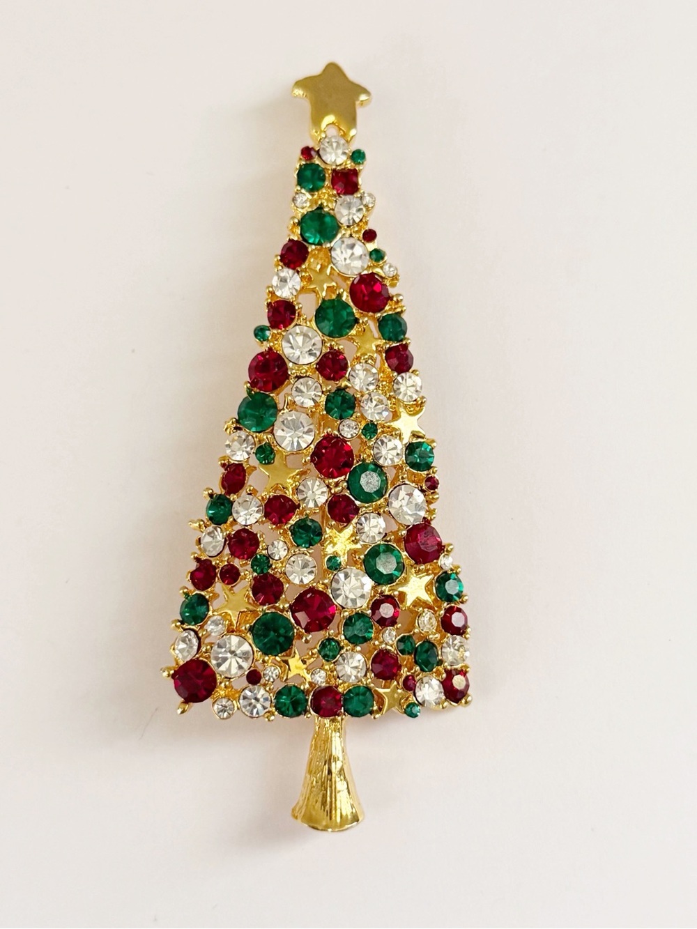 Vintage Large Tall Yellow Tone Rhinestones Christmas Tree Brooch Pin
